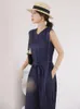 Dames tweedelige broek Miyake Summer 2023 Dames lange V-hals knop Wide Leg Jumpsuit Belt modesets Dames Outifites Aesthetic