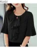 T-shirt Zanzea Vintage krótkie topy 2022 Summer Women O Neck Fashion Solid Blouse Casual Eleganckie Ruffles Imprent Shirt Tunik Chemise