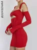 Casual Dresses Boofeenaa Sheer Mesh långärmad korsettklänning Skur ut backless Short Party Dresses Sexiga klubbkläder för kvinnor Red Black C92DE24 P230322