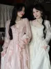 Sukienki swobodne 2023 Autumn Vintage impreza Midi Sukienka Kobieta różowa wróżka w stylu koreański słodki bąbelkowy rękaw Elegancki wieczór