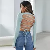 Camisetas femininas Sexy Backless Lace Up Hollow Out Women Women Manga Longa Tops