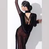 Bühnenabnutzung Sexy Latin Dance Performance Kleid für Frauen Erwachsene langärmlige Gaze Perspektive Ballsaal Wettkampfkleidung