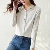 Camisas Cuello vuelto fino Nylon Algodón bordado Floral Camisa de mujer Primavera Verano Oficina Señora Un solo pecho Ropa de mujer delgada