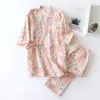 Etnische kleding vrouwen Japanse stijl traditionele kimono sakura print pyjama's set thuis slaapkleding yukata tops losse broek pyjama's badjas