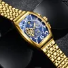 Armbanduhren ORKINA Blaues Zifferblatt Mode Herrenuhren Golden Edelstahl Wasserdicht Automatik Mondphase Leuchtuhr Reloj Hombre