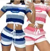 Sommar Nya kvinnors träningsdräkter utomhus Leisure Channel Fashion Stripe Splice Tryckt dragskoftning Kort ärm T-shirt+LACE UP SHORTS Två stycken Set Outfits