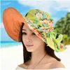 Chapeaux à large bord femmes disquette fleur imprimé réversible arc chapeau de soleil avec grande plage d'été deux côtés peuvent porter une casquette Protection UV