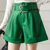 Damen Shorts Seoulish Green PU Faxu Leder Damen Shorts mit Gürtel Herbst Winter Hose mit weitem Bein Damen Casual Bürohose 230503