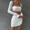 Casual Dresses Long Sleeve Square Collar Sexy Mini Dress Pleated Ruched Split Lace Up Party Outfit Backless Bodycon Two Piece Set