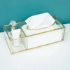 Organização Caixa de tecido dourado Caixa de papel de vidro transparente retangular para dispensador de tecido doméstico Caixa de lenço de lenço de vidro geométrico