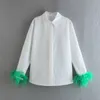 Blusas de mujer Camisas Plumas verdes en los puños Blusas de mujer Manga larga Ropa de mujer Blusas de mujer elegantes blancas Tops Camisas para mujer Top 230503