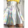 Rokken sexy laser high taille pu lederen rok paarse nachtclub feest dans glanzende holografische harajuku metallic geplooid