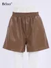 Women's Shorts Bclout Autumn Brown Leather Shorts Women Elegant Solid Office Elastic Waist Wide Leg Shorts Fashion Party Leather Shorts Female 230503