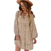 Casual Dresses Elegant Leopard Print Women Clothing Spring Autumn Long Sleeve V-ringen Mini Dress Fashion A-Line Ropa Mujer