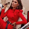 Casual Dresses Adyce 2023 Winter Red Black Long Sleeve Club Bodycon Bandage Dress Sexiga kvinnor Ruffles Knäslängd Midi Celebrity Party