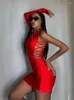 Повседневные платья сексуальные o-образные вырезы с одним плечом с длинным рукавом мини-платье элегантное красное сетчатое плиссированное шнурное бодин