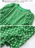 2023 Summer Green Plaid Print Panelled Silk Dress Short Sleeve Round Neck Knee-Length Casual Dresses C3A255045