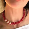 Collane con ciondolo Collana di perle con ramo di corallo rosso naturale Collana con perline girocollo da 18 pollici Croce artigianale