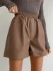 Women's Shorts Bclout Autumn Brown Leather Shorts Women Elegant Solid Office Elastic Waist Wide Leg Shorts Fashion Party Leather Shorts Female 230503