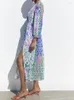 カジュアルドレス2023女性サマードレスファッションパッチワークプリントVネックラップタイプスプリットミッドカルフポプリン女性エレガントな布