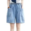 Women's Shorts Women's Denim Shorts Blue Elastic Waist Mid Rise Loose Beach Shorts with 2 Front Pockets Female Jeans Short Pants 230503