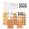 Ensembles de vaisselle Drmfiy 4 / 20pcs Natural Bamboo Handle Silver Dingeware Set Cutlery en acier inoxydable Set Cuisine Knife Fork Spoons Table Volent 230503