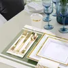 Dinnerware Sets 25 Guests Gold Plastic Plates with Disposable Plastic Silverware- Gold Rim Square Plastic Dinnerware Set 230503