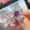 Klusterringar Brilliant Purple Zirconia Large Flower Ring Female Opening Luxury Full Diamond Elegant Temperament Jewelry Birthday Wedding