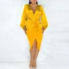 Casual Dresses 2023 Women Solid Yellow Satin Party Dress V Neck Puff Long Lantern Sleeve Plunge Split Elegant Workwear Cocktail Ball Gown