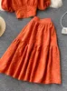 Tweedelige Jurk Paars/Oranje/Wit Tweedelige Set Vrouwen Vintage Vierkante Kraag Korte Mouwen Tops Hoge Taille A-lijn Rok Vrouwelijke Pakken 230503