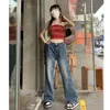 Calças de brim azuis das mulheres em linha reta carga jeans cintura alta estilo americano streetwear calças vintage casuais senhoras denim carga perna larga