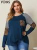 Tops YOINS Plus Size 4XL Vintage Leopard Printed TShirts Women's Long Slevee Striped Patchwork Tunic Tops Casual Autumn Party Tees