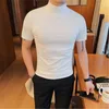 Hommes T-shirts D'été À Manches Courtes Hommes T-shirts Coton Col Roulé Slim Fit Tee Shirt Couleur Unie 4XL Élastique Shorts Tops Mâle Européen