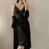 Vêtements de nuit pour femmes Jxgarb Satin Robe Set Sexy Women Casual Intimate Lingerie Faux Silk Nightdress Kimono Peignoir Robe V-Neck Nightwear