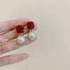 Backs Earrings Retro Temperament Red Square Pearl Clip On Trendy High-end Luxury Simple Geometric No Piercing For Women