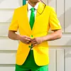 Ternos masculinos de moda de verão amarelo e verde masculino com calças curtas para smoking de casamento 2 peças machos blazer de praia mais recente design de casaco