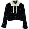 معاطف الخندق النسائية Prepomp 2023 Winter Silk Bow Collar Rhinestone Black Velvet Jacket Women Cotton Coat GG981