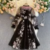 Casual Dresses Women Embroidery Flower Ostrich Hair O Neck Tie Dress