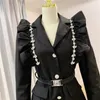 Casual Dresses 2023 Spring Autumn Fashion Women's Ruffles Rhinestone Patchwork High Waist With Belt Black Color Blazer Suit Dress SML