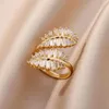 Wedding Rings Gold Plated Zircon Double Leaves For Women Stainless Steel Adjustable Ring Aesthetic Jewerly Gift