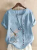 Dames T-shirt Zomer Casual Dragonfly Print losse T-shirt retro katoen en linnen o-neck plus maat korte mouwen dames top S-5XL 230503