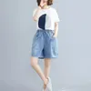 Shorts femininos shorts de jeans feminina azul cintura elástica mid asce