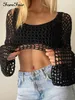 Kvinnors tshirt Forefair Summer Green Long Sleeve Smock Sticked Crop Top Women Y2K Beach Sexig Backless Hollow Out T Shirts Party Casual 230503