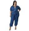 Wmstar Plus Taille Combinaison Femmes Denim Zipper Up Ceintures Poches Pantalon Stretch Body Droit 2022 Gros Dropshipping
