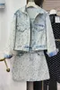 Dwuczęściowa sukienka Sprężyna ciężka kolorowy diamentowy dżinsowy płaszcz damski stroje wysokiej talii A- line mini spódnica dwuczęściowa garnitur 230503