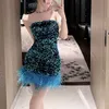 Women's tube top off shoulder party dresses paillette sequined shinny bling fur bottom mini short vestidos SML