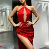 Zeemeermin avondjurken halter nek gewaad de soiree zijde split prom jurken sexy vestido de fiesta de boda