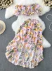 İki Parça Elbise Kadın Yaz Elbisesi Mizaç Moda Takım Sütyen İnce Pileli Kısa Çiçek Üst İki Parçalı Yüksek Belli A-Line Fırlat Elbisesi D2987 230503