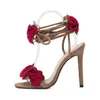 Sandalet Kadınlar Yaz Gül Çiçeği Stiletto Açık Ayak Ayak Elbise Pompalar Seksi İnce Dantel Yukarı Ayakkabı Düğün Plus Boyutu 42Sandals