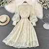 Casual Dresses Runway Designer Vintage Lace Midi Long Dress Hollow Out Embroidery Stand Collar Lantern Sleeve Bow Sashes Lace-Up Party